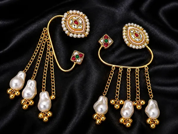 Indian_Shringar_Kashmiri_Ear_Cuff_Earrings_|_Red_&_White_Monalisa_Stone_Pearl_Chain_Ear_Wrap_|_Gold_Finish_Ethnic_Bridal_Jewelry