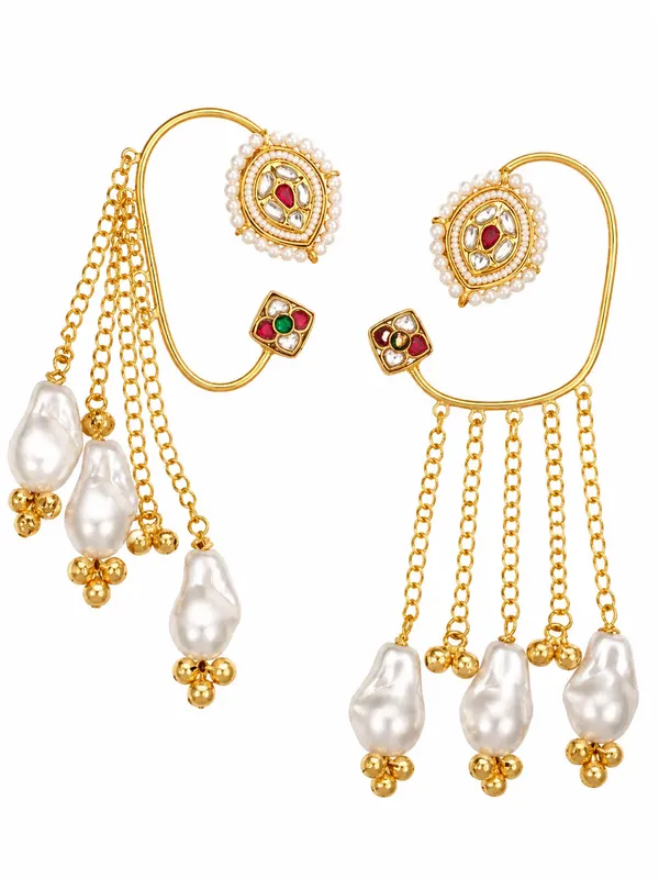 Indian_Shringar_Kashmiri_Ear_Cuff_Earrings_|_Red_&_White_Monalisa_Stone_Pearl_Chain_Ear_Wrap_|_Gold_Finish_Ethnic_Bridal_Jewelry