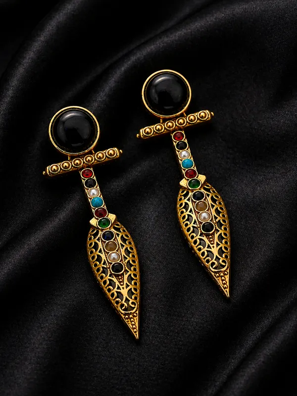 Designer_Black_Stone_Golden_Drop_Earrings_|_Antique_Fusion_Statement_Earrings_for_Party_&_Ethnic_Wear