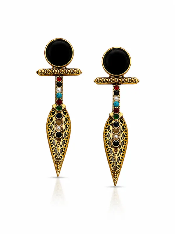 Designer_Black_Stone_Golden_Drop_Earrings_|_Antique_Fusion_Statement_Earrings_for_Party_&_Ethnic_Wear