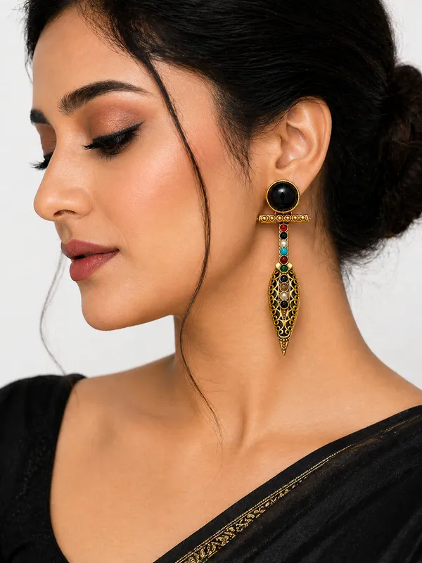 Designer_Black_Stone_Golden_Drop_Earrings_|_Antique_Fusion_Statement_Earrings_for_Party_&_Ethnic_Wear