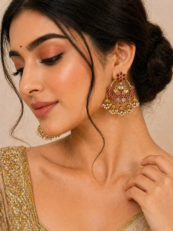 Royal_Peacock_Design_Golden_Chandbali_Earrings_(Ruby_Red)_|_Heavy_Bridal_Statement_Jhumki