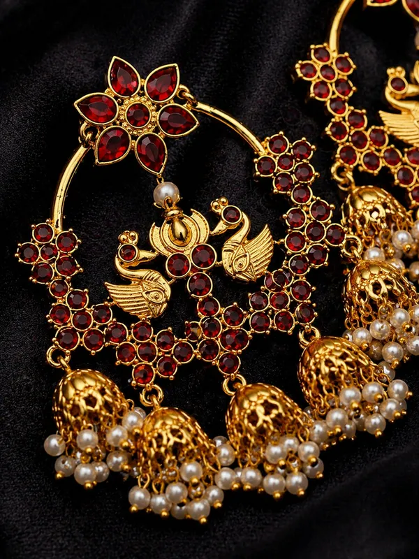 Royal_Peacock_Design_Golden_Chandbali_Earrings_(Ruby_Red)_|_Heavy_Bridal_Statement_Jhumki