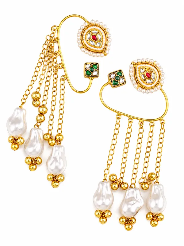 Indian_Shringar_Kashmiri_Ear_Cuff_Earrings_|_Green_&_White_Monalisa_Stone_Pearl_Chain_Ear_Wrap_|_Ethnic_Statement_Jewelry