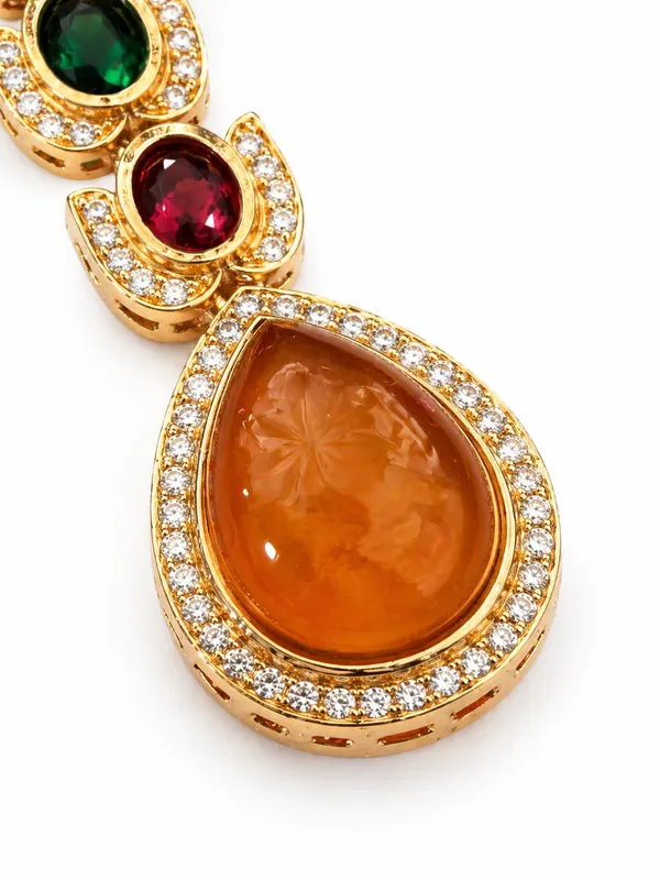 Luxury_Multi-Stone_Long_Drop_Golden_Earrings_(Orange)_|_Designer_Statement_Party_&_Festive_Wear
