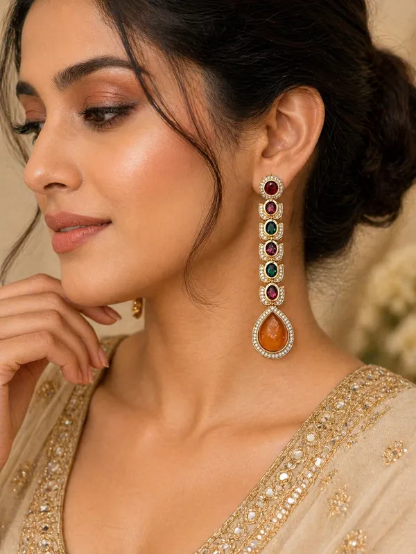 Luxury_Multi-Stone_Long_Drop_Golden_Earrings_(Orange)_|_Designer_Statement_Party_&_Festive_Wear