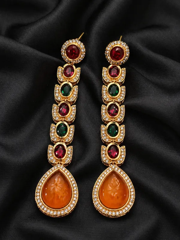 Luxury_Multi-Stone_Long_Drop_Golden_Earrings_(Orange)_|_Designer_Statement_Party_&_Festive_Wear