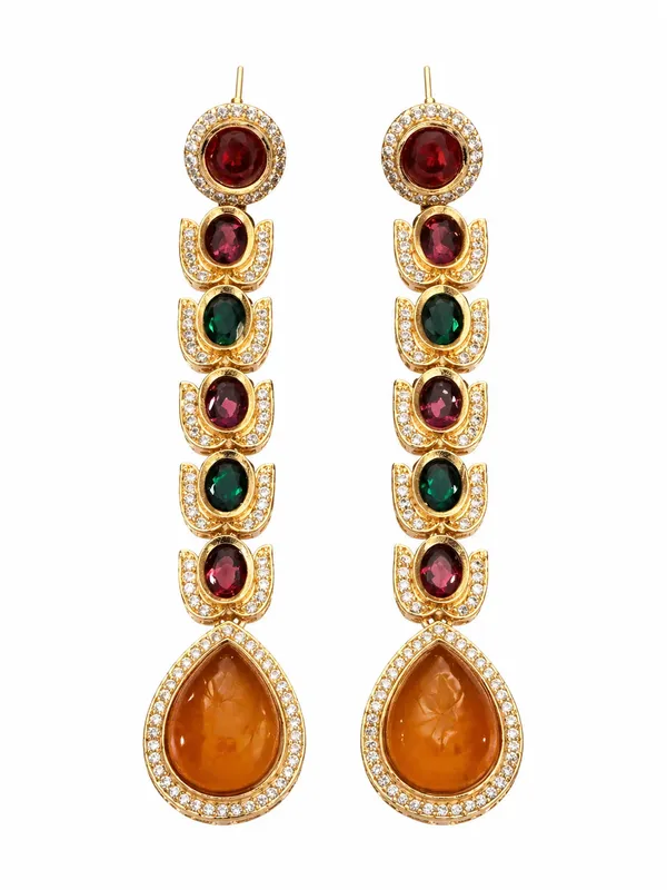 Luxury_Multi-Stone_Long_Drop_Golden_Earrings_(Orange)_|_Designer_Statement_Party_&_Festive_Wear