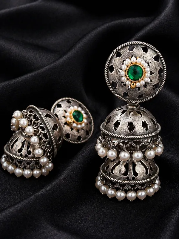 Indian_Shringar_Oxidised_Silver_Jhumka_Earrings_|_Green_Stone_Pearl_Drop_Jhumki_|_Ethnic_German_Silver_Jewelry