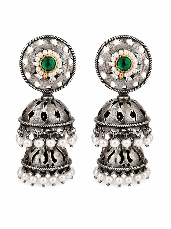 Indian_Shringar_Oxidised_Silver_Jhumka_Earrings_|_Green_Stone_Pearl_Drop_Jhumki_|_Ethnic_German_Silver_Jewelry