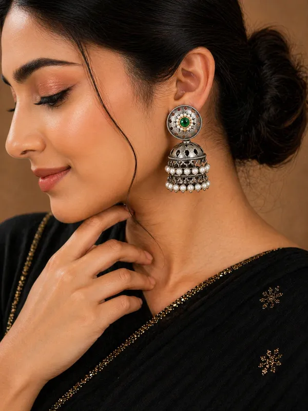 Indian_Shringar_Oxidised_Silver_Jhumka_Earrings_|_Green_Stone_Pearl_Drop_Jhumki_|_Ethnic_German_Silver_Jewelry