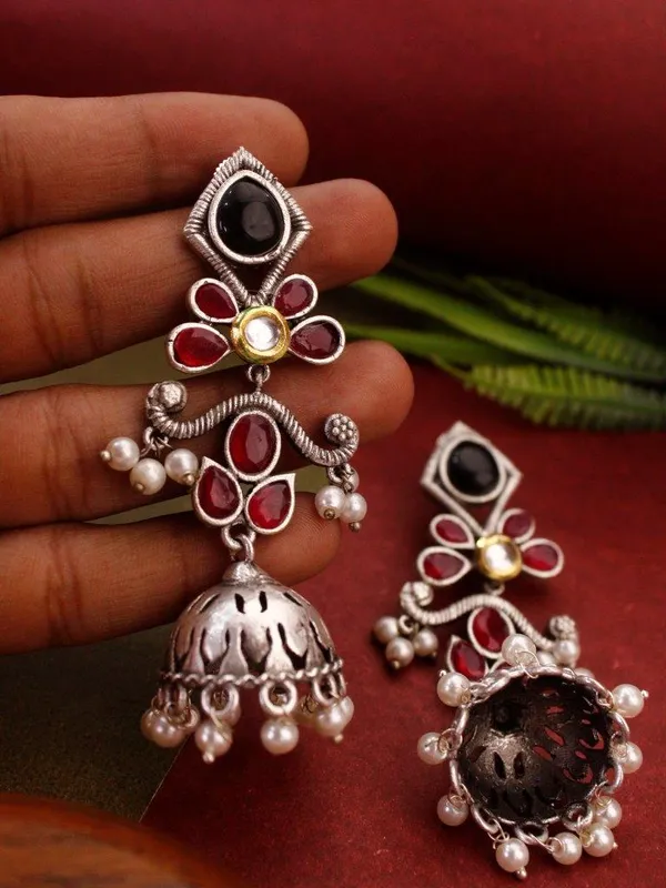 Black_Red_Mona_Lisa_Jhumki_Earrings_|_Silver_Replica_Statement_Earrings_with_Pearl_Drops