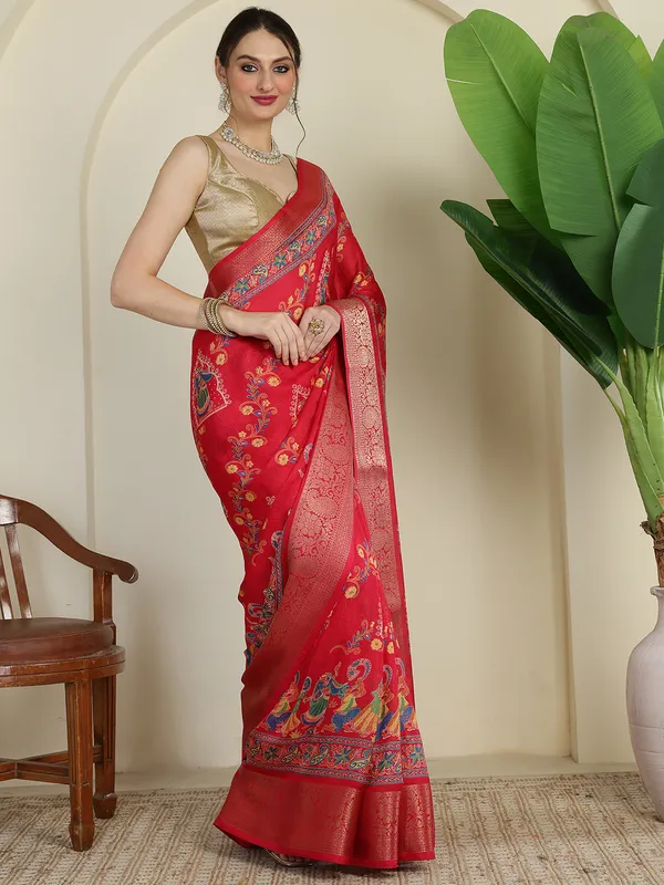 Crimson_Red_Banarasi_Art_Silk_Saree_with_Traditional_Folk_Dance_Print_&_Rich_Zari_Border