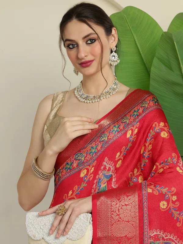Crimson_Red_Banarasi_Art_Silk_Saree_with_Traditional_Folk_Dance_Print_&_Rich_Zari_Border