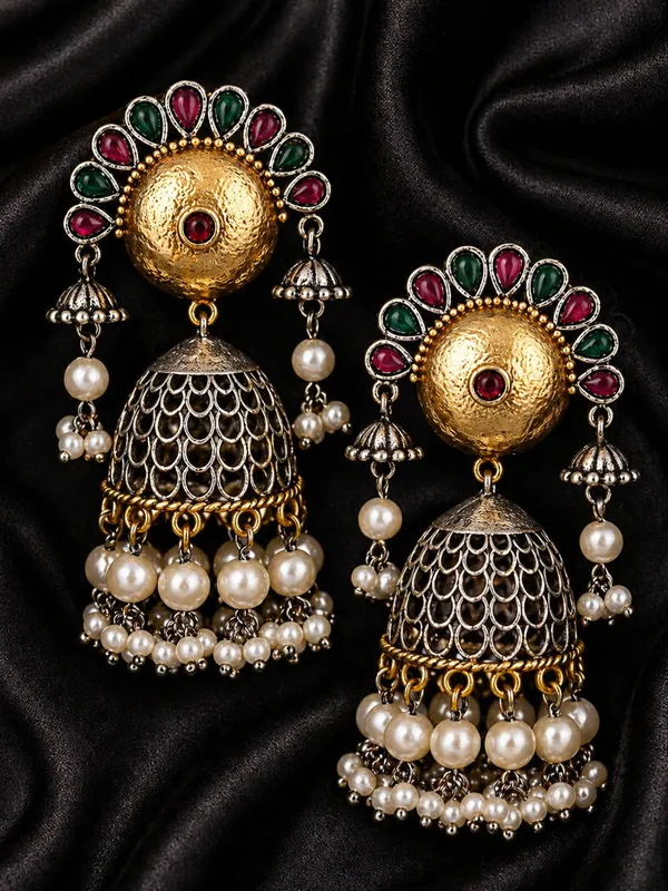 Indian_Shringar_Dual_Tone_Jhumka_Earrings_|_Red_Green_Stone_Pearl_Jhumki_|_Traditional_Wedding_Earrings