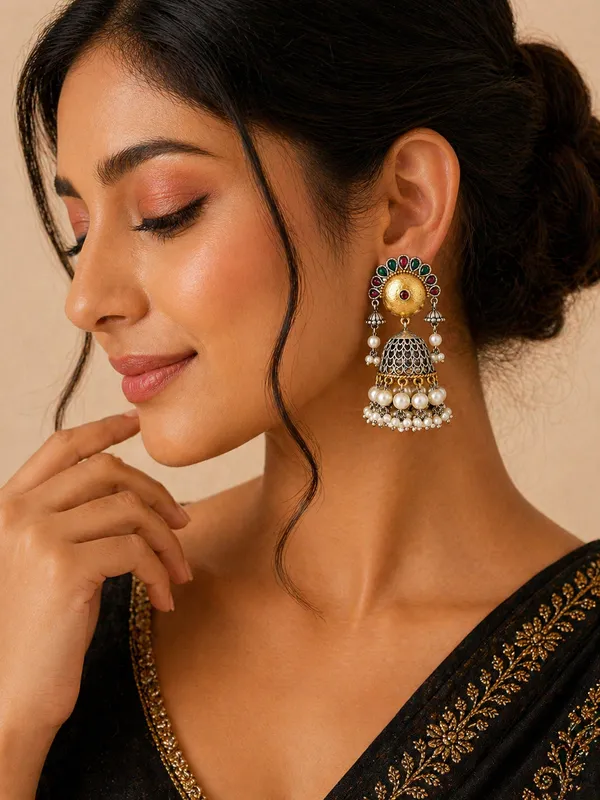 Indian_Shringar_Dual_Tone_Jhumka_Earrings_|_Red_Green_Stone_Pearl_Jhumki_|_Traditional_Wedding_Earrings