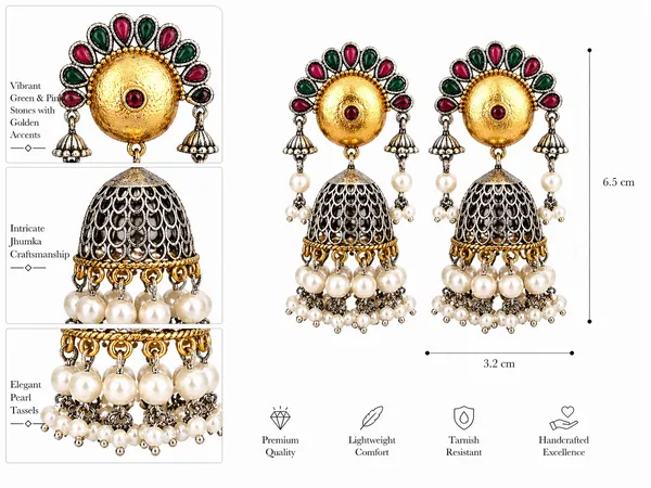 Indian_Shringar_Dual_Tone_Jhumka_Earrings_|_Red_Green_Stone_Pearl_Jhumki_|_Traditional_Wedding_Earrings