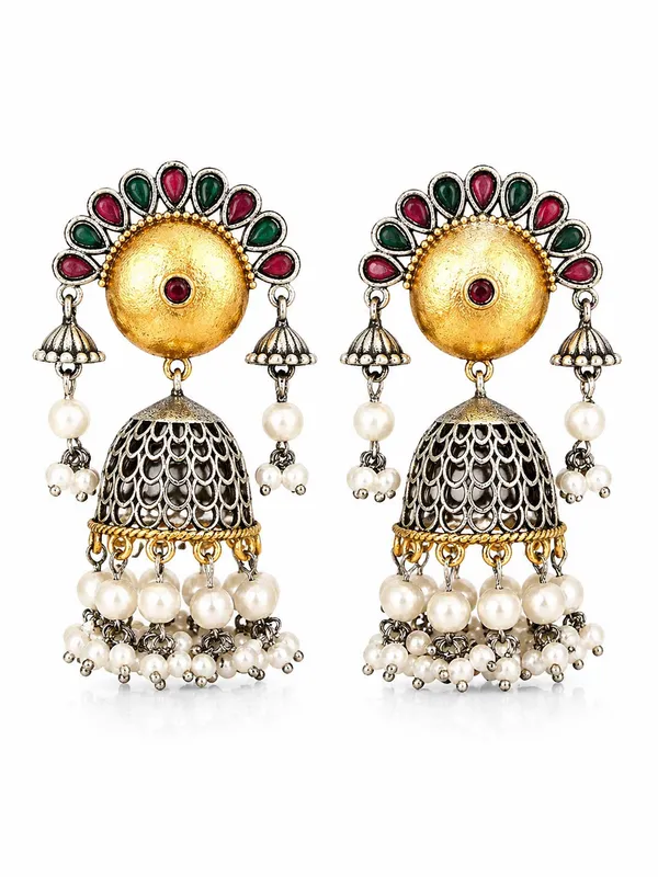 Indian_Shringar_Dual_Tone_Jhumka_Earrings_|_Red_Green_Stone_Pearl_Jhumki_|_Traditional_Wedding_Earrings