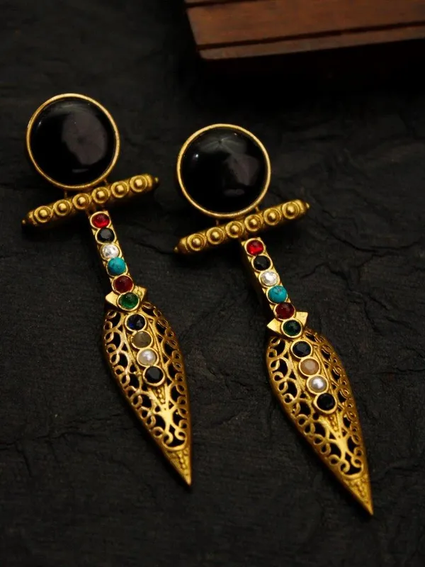 Designer_Black_Stone_Golden_Drop_Earrings_|_Antique_Fusion_Statement_Earrings_for_Party_&_Ethnic_Wear