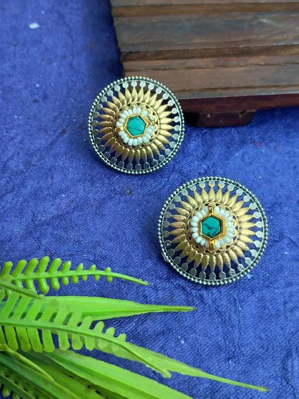 Dual_Tone_Turquoise_Paachi_Stud_Earrings_|_Indian_Shringar