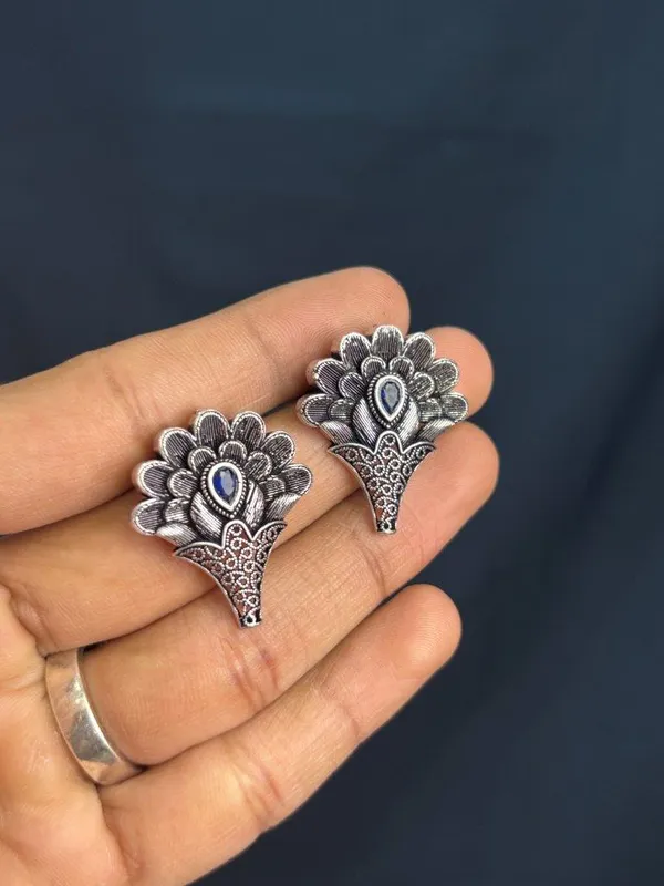 Elegant_Silver_Replica_Floral_Earrings_with_Ruby_Blue_Monalisa_Stone_|_Brass_Stud_Earrings