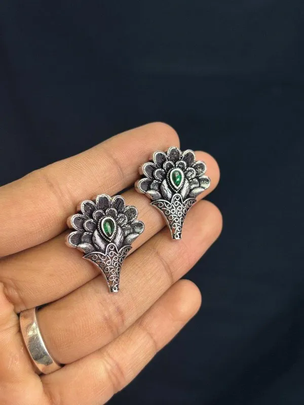 Elegant_Silver_Replica_Floral_Earrings_with_Ruby_Green__Monalisa_Stone_|_Brass_Stud_Earrings