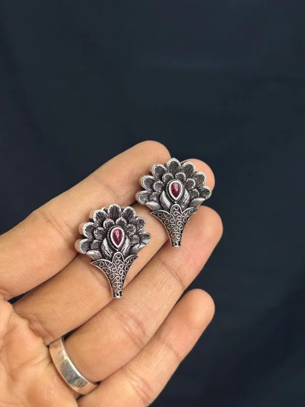 Elegant_Silver_Replica_Floral_Earrings_with_Ruby_Red_Monalisa_Stone_|_Brass_Stud_Earrings
