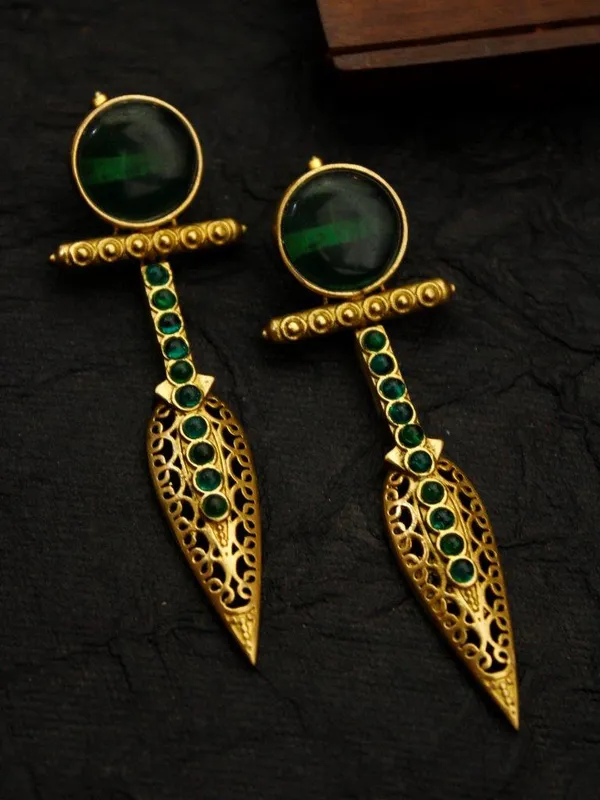 Emerald_Green_Stone_Golden_Designer_Earrings_|_Antique_Fusion_Statement_Earrings_for_Party_&_Ethnic_Wear
