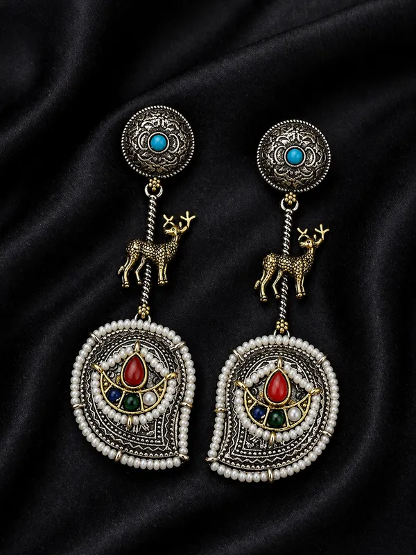 Indian_Shringar_Dual_Tone_Deer_Motif_Earrings_(Multicolor)_|_Ethnic_Statement_Earrings_|_Festive_Jewelry
