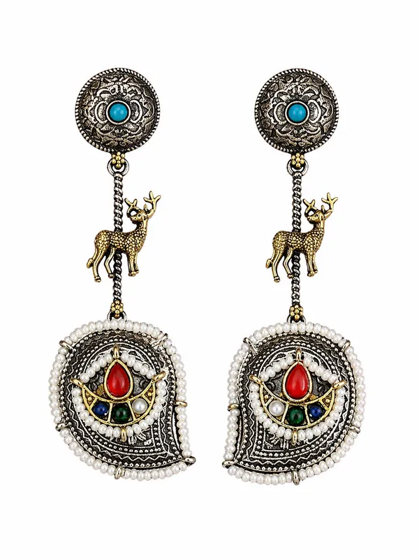 Indian_Shringar_Dual_Tone_Deer_Motif_Earrings_(Multicolor)_|_Ethnic_Statement_Earrings_|_Festive_Jewelry