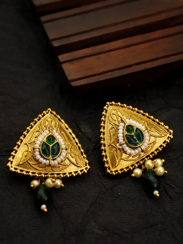 Green_Paachi_Stone_Triangle_Earrings_|_Antique_Golden_Ethnic_Designer_Studs_for_Festive_&_Traditional_Wear