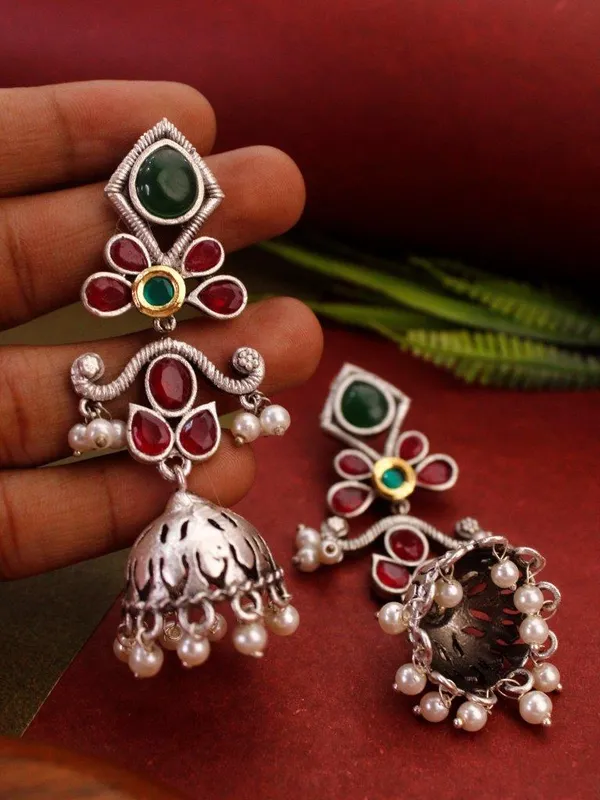 Green_Red_Mona_Lisa_Jhumki_Earrings_|_Silver_Replica_Ethnic_Statement_Earrings_with_Pearl_Drops