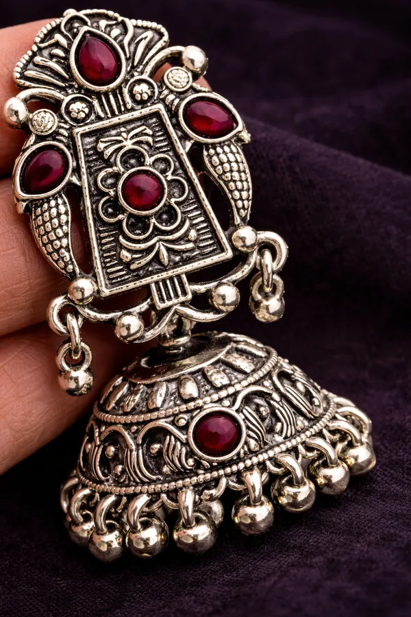 Indian_Shringar_Oxidised_Silver_Jhumka_Earrings_|_Pink_Stone_Vintage_Boho_Jhumki_|_Ethnic_German_Silver_Jewelry