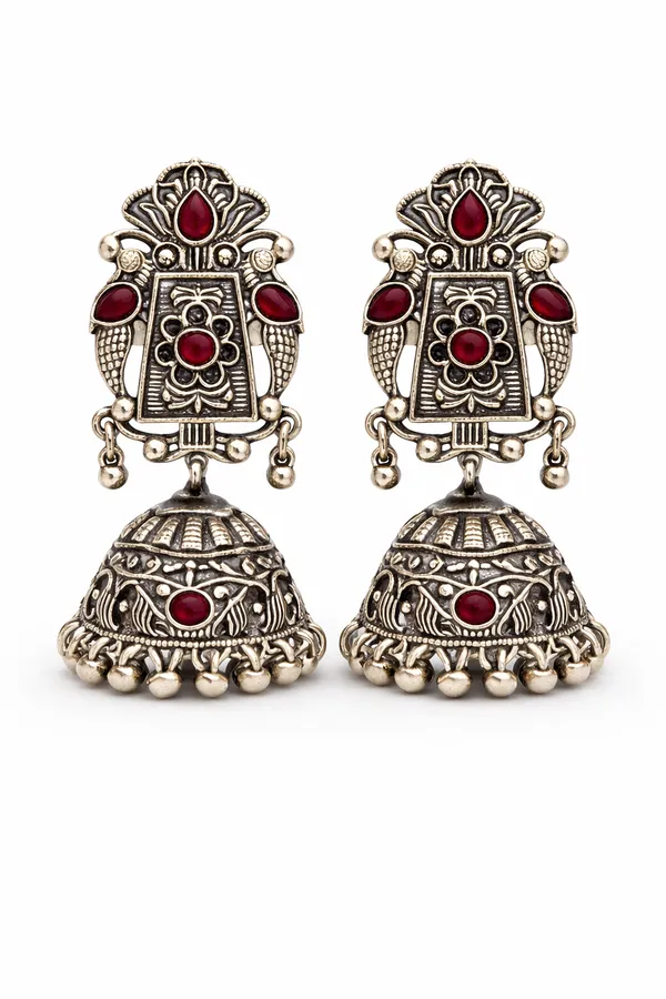 Indian_Shringar_Oxidised_Silver_Jhumka_Earrings_|_Pink_Stone_Vintage_Boho_Jhumki_|_Ethnic_German_Silver_Jewelry