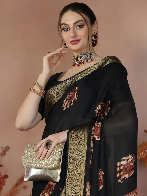 Indian_Shringar_Black_Soft_Silk_Elephant_Print_Saree_with_Zari_Border
