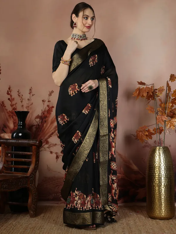 Indian_Shringar_Black_Soft_Silk_Elephant_Print_Saree_with_Zari_Border