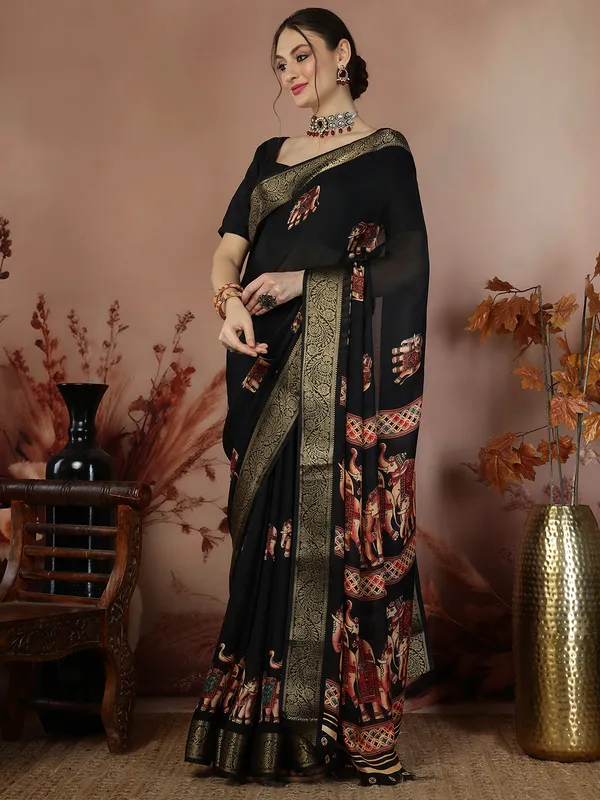 Indian_Shringar_Black_Soft_Silk_Elephant_Print_Saree_with_Zari_Border