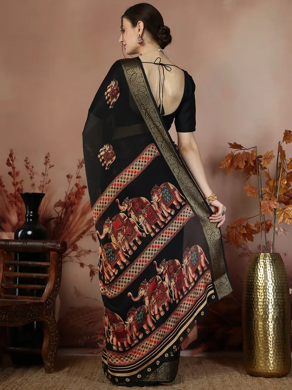Indian_Shringar_Black_Soft_Silk_Elephant_Print_Saree_with_Zari_Border