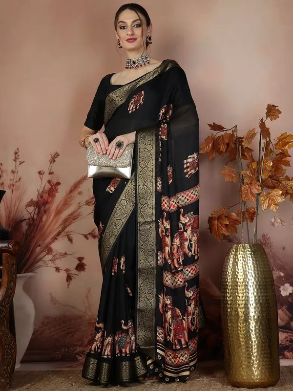 Indian_Shringar_Black_Soft_Silk_Elephant_Print_Saree_with_Zari_Border