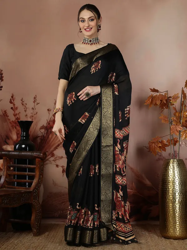 Indian_Shringar_Black_Soft_Silk_Elephant_Print_Saree_with_Zari_Border