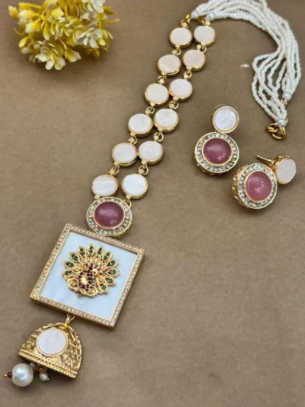 Indian_Shringar_Designer_MOP_Long_Necklace_Set_|_Pink_AD_Stone_Pendant_with_Pearl_Mala_|_Gold_Finish_Ethnic_Jewelry