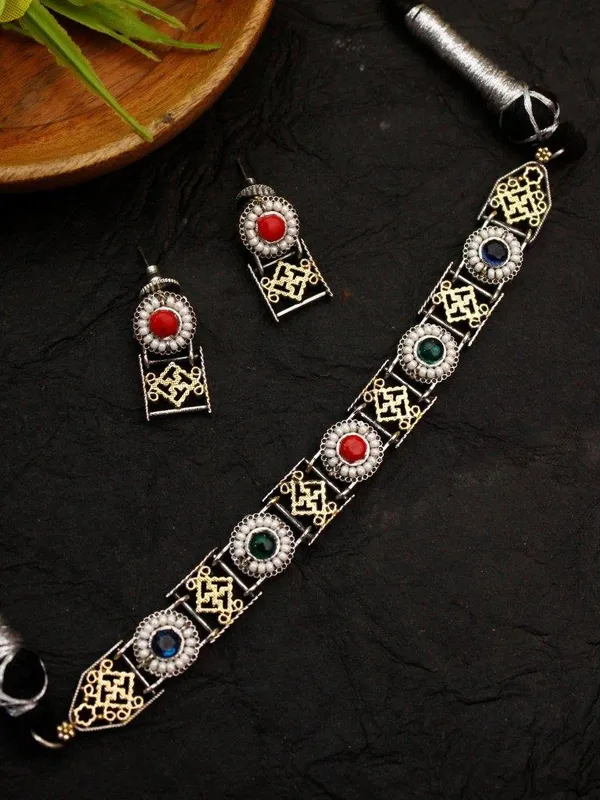 Indian_Shringar_Dual_Tone_Brass_Necklace_Set_|_Monalisa_Stone_Ethnic_Chain_with_Earrings_|_Adjustable_Thread_Jewelry