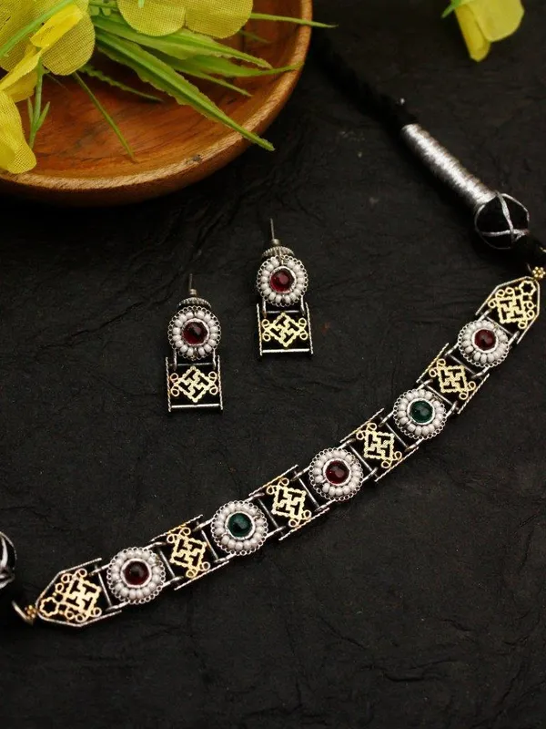 Indian_Shringar_Dual_Tone_Brass_Necklace_Set_|_Monalisa_Stone_Ethnic_Chain_with_Earrings_|_Adjustable_Thread_Jewelry