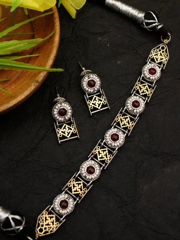 Indian_Shringar_Dual_Tone_Brass_Necklace_Set_|_Monalisa_Stone_Ethnic_Chain_with_Earrings_|_Adjustable_Thread_Jewelry