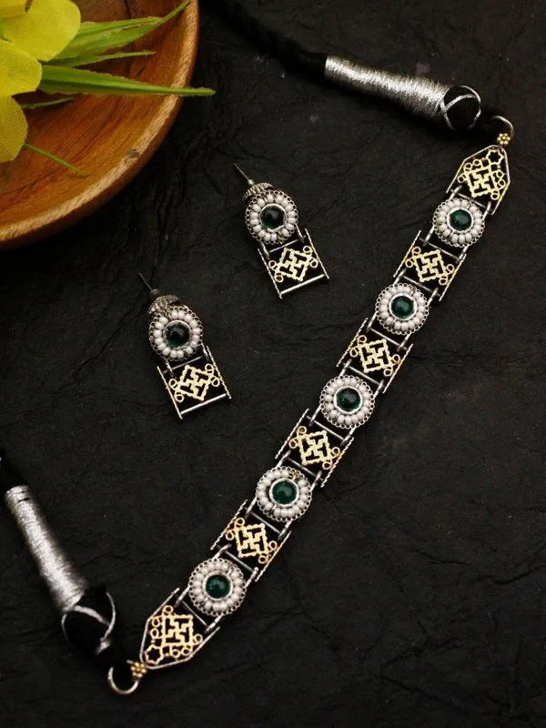 Indian_Shringar_Dual_Tone_Brass_Necklace_Set_|_Monalisa_Stone_Ethnic_Chain_with_Earrings_|_Adjustable_Thread_Jewelry