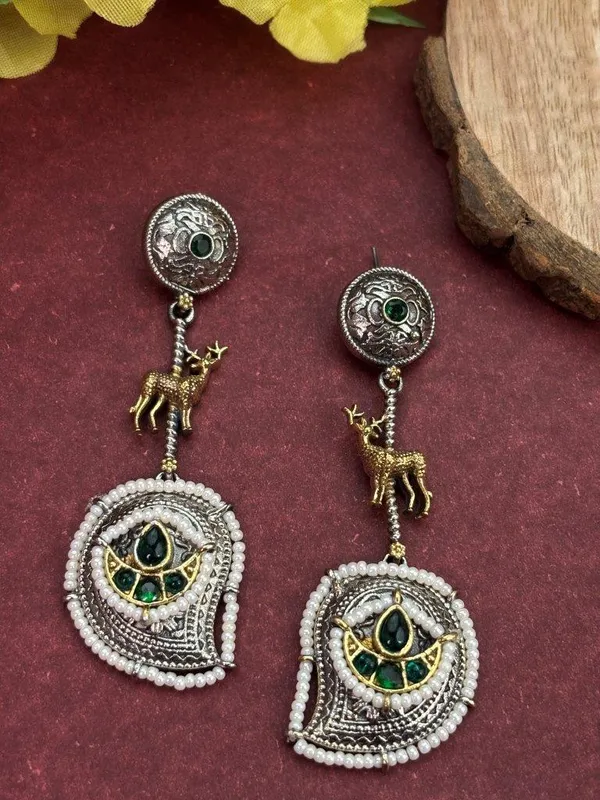 Indian_Shringar_Dual_Tone_Deer_Motif_Earrings_(Green)_|_Ethnic_Statement_Earrings_|_Festive_Jewelry
