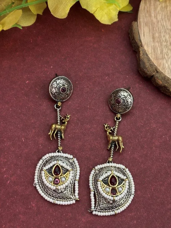 Indian_Shringar_Dual_Tone_Deer_Motif_Earrings_(Red_White)_|_Ethnic_Festive_Earrings_|_Pearl_Statement_Jewelry