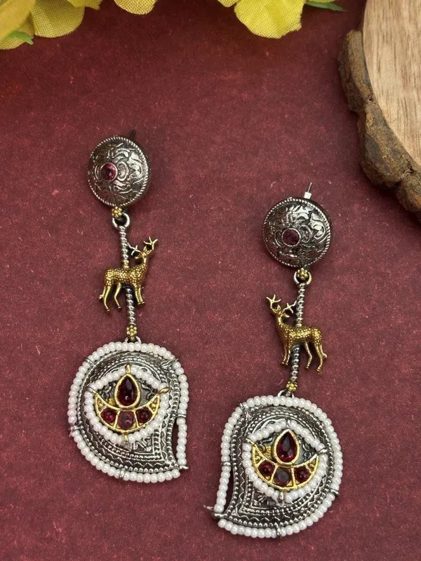 Indian_Shringar_Dual_Tone_Deer_Motif_Earrings_(Ruby_Red)_|_Ethnic_Statement_Earrings_|_Wedding_Special_Jewelry