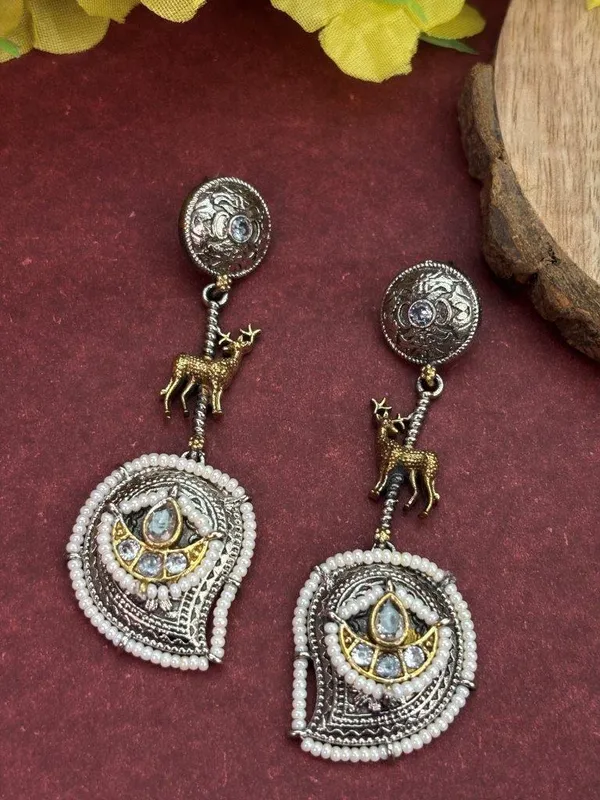 Indian_Shringar_Dual_Tone_Deer_Motif_Earrings_|_Boho_Ethnic_Statement_Earrings_|_Pearl_Detailed_Jewelry