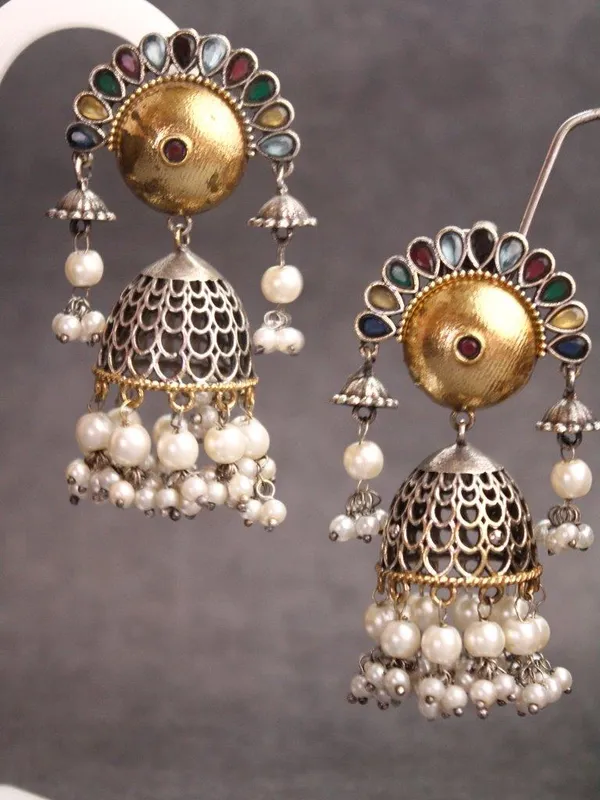 Indian_Shringar_Dual_Tone_Jhumka_Earrings_|_Multicolor_Stone_Pearl_Jhumki_|_Ethnic_Statement_Earrings